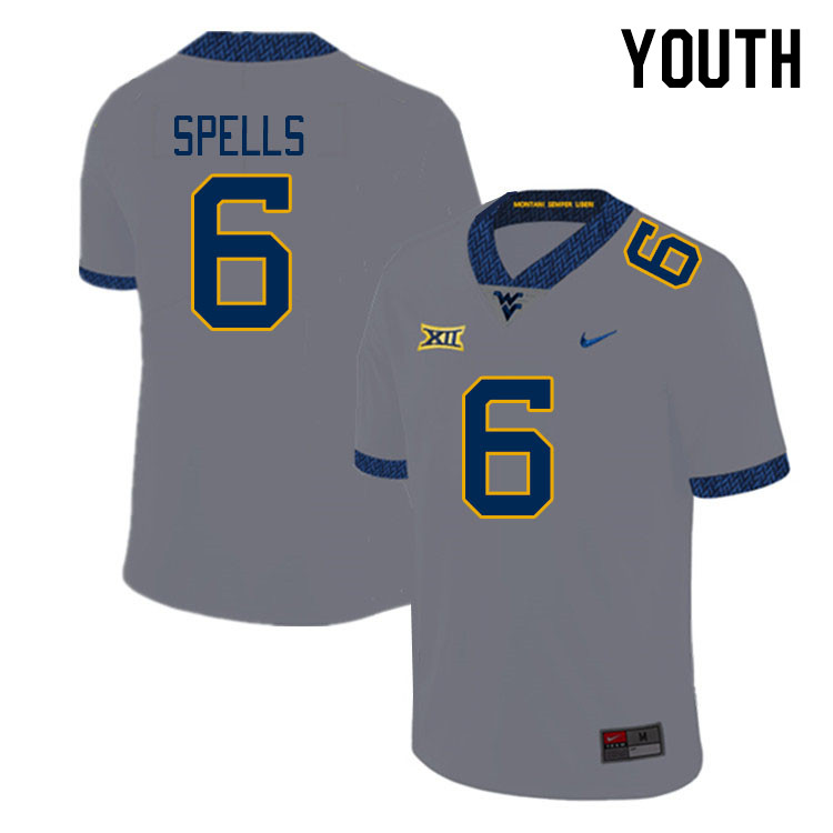 Youth #6 Jacolby Spells West Virginia Mountaineers College Football Jerseys Stitched Sale-Gray - Click Image to Close
